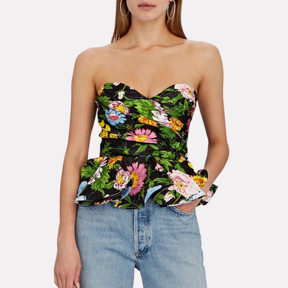 NWT Ronny Kobo Tara Top Black Floral Victorian Print Peplum Flowy Strapless Tube